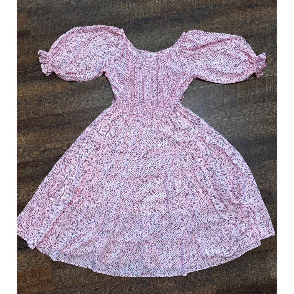 Melloday Women's Large Pink White Printed Puff Sleeve Ruffle Midi Dress